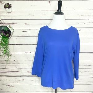 Vintage Blue Scalloped Boat Neck 3/4 Sleeve Casual T-Shirt Top Size Medium